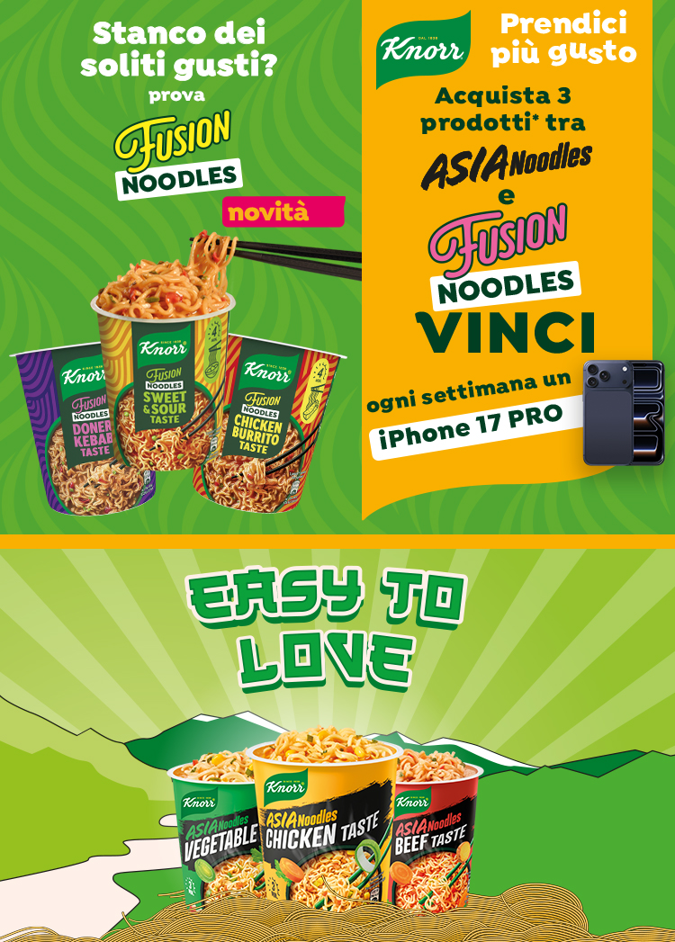 Immagine per smartphone del concorso Knorr Noodles 2026: Con l'acquisto di 3 prodotti delle linee Asia Noodles e Fusion Noodles Knorr puoi vincere ogni settimana un iPhone 17 Pro