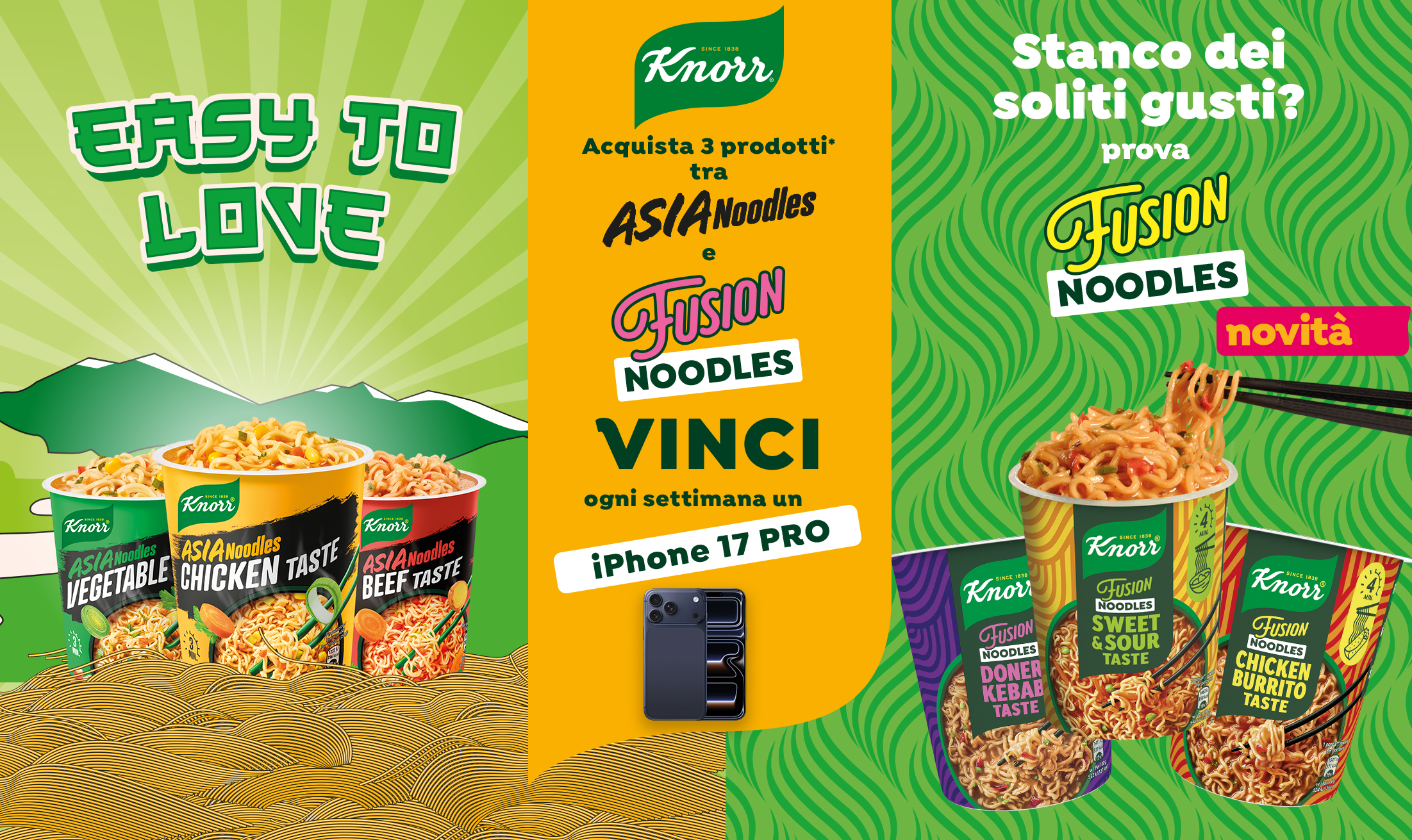 Immagine desktop del concorso Knorr Noodles 2026: Con l'acquisto di 3 prodotti delle linee Asia Noodles e Fusion Noodles Knorr puoi vincere ogni settimana un iPhone 17 Pro